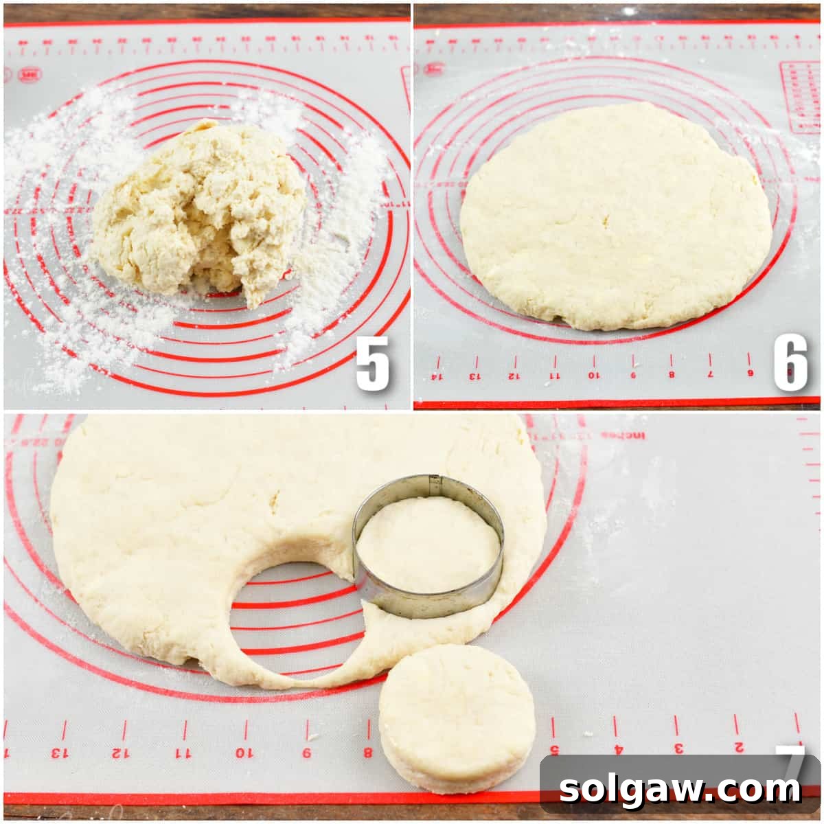 cutting the biscuits out on a non stick sheet.