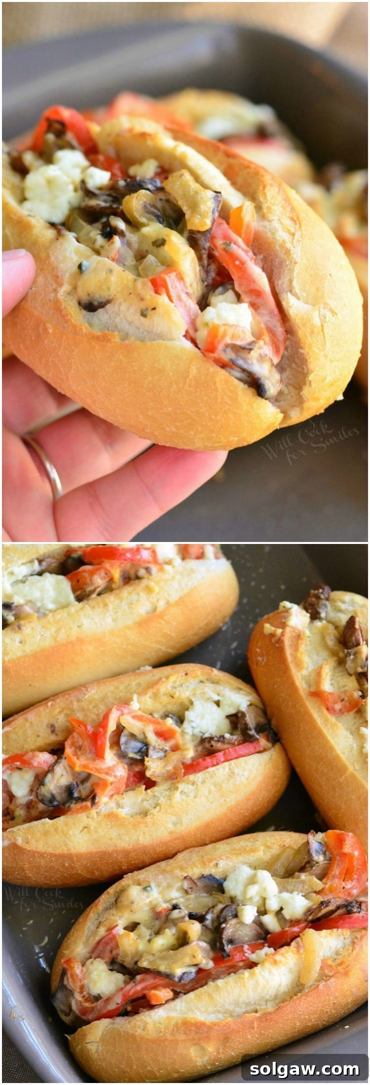 A vibrant, close-up shot of a plate of baked mini veggie and cheese sandwiches, showcasing the golden bread and rich filling.
