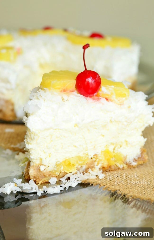A slice of Pina Colada Cheesecake with pineapple and cherry garnish