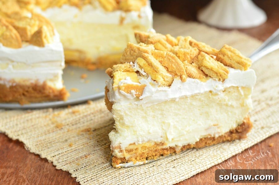 Lemon Oreo Cheesecake with crushed oreos on top and a slice of cheesecake on the table