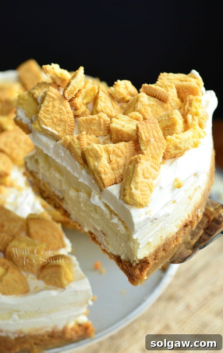 Lemon Oreo Cheesecake slice being lifted out with a pie spatula