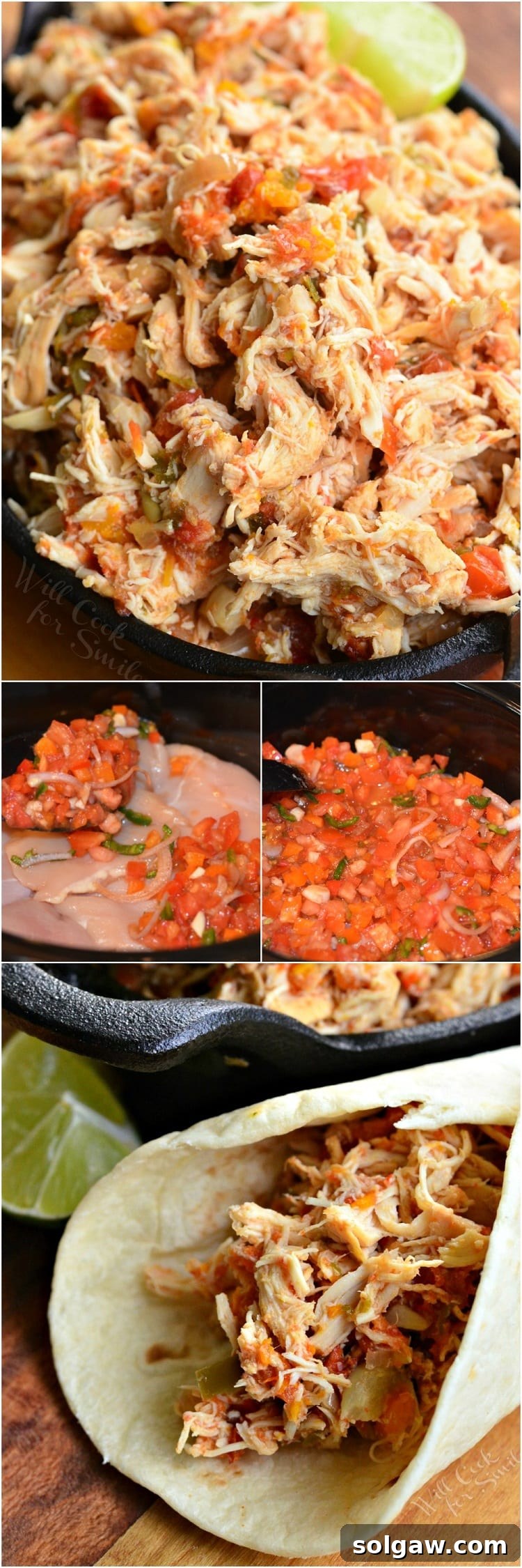 Fiesta Slow Cooker Salsa Chicken 9 3 picture collage of crock pot shredded salsa chicken