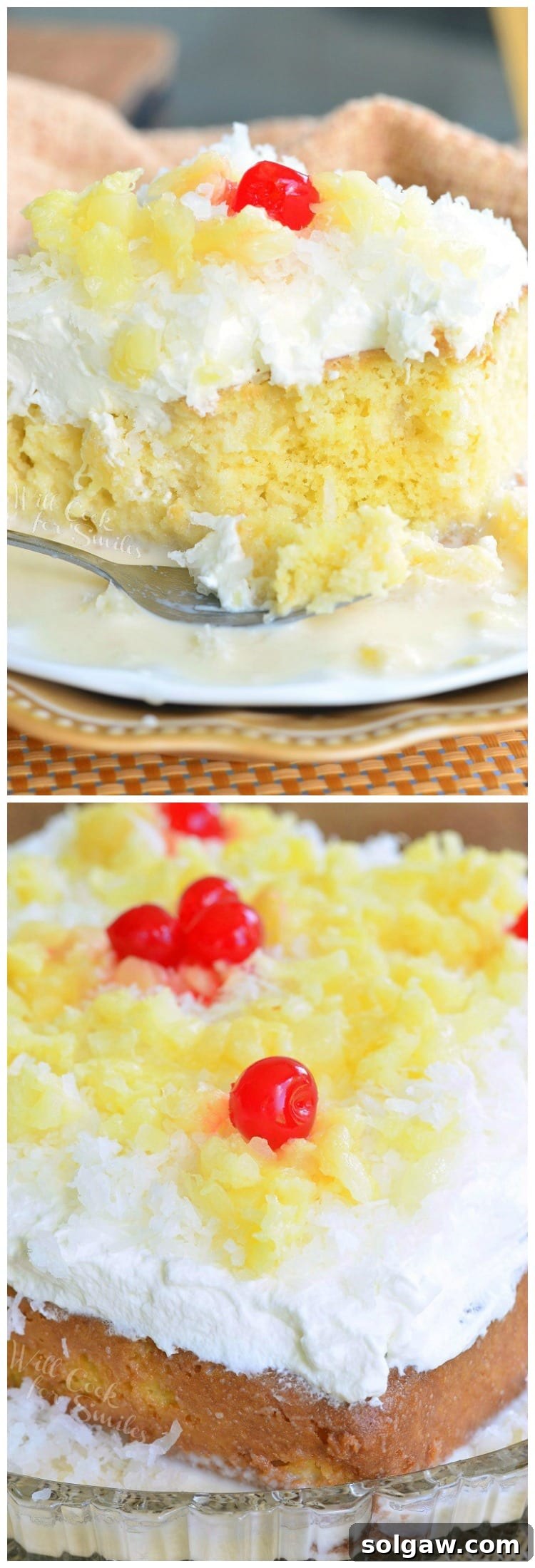 A beautifully presented slice of Pina Colada Tres Leches Cake, showcasing the fluffy coconut frosting, vibrant pineapple chunks, and a glistening cherry, inviting a delightful taste.