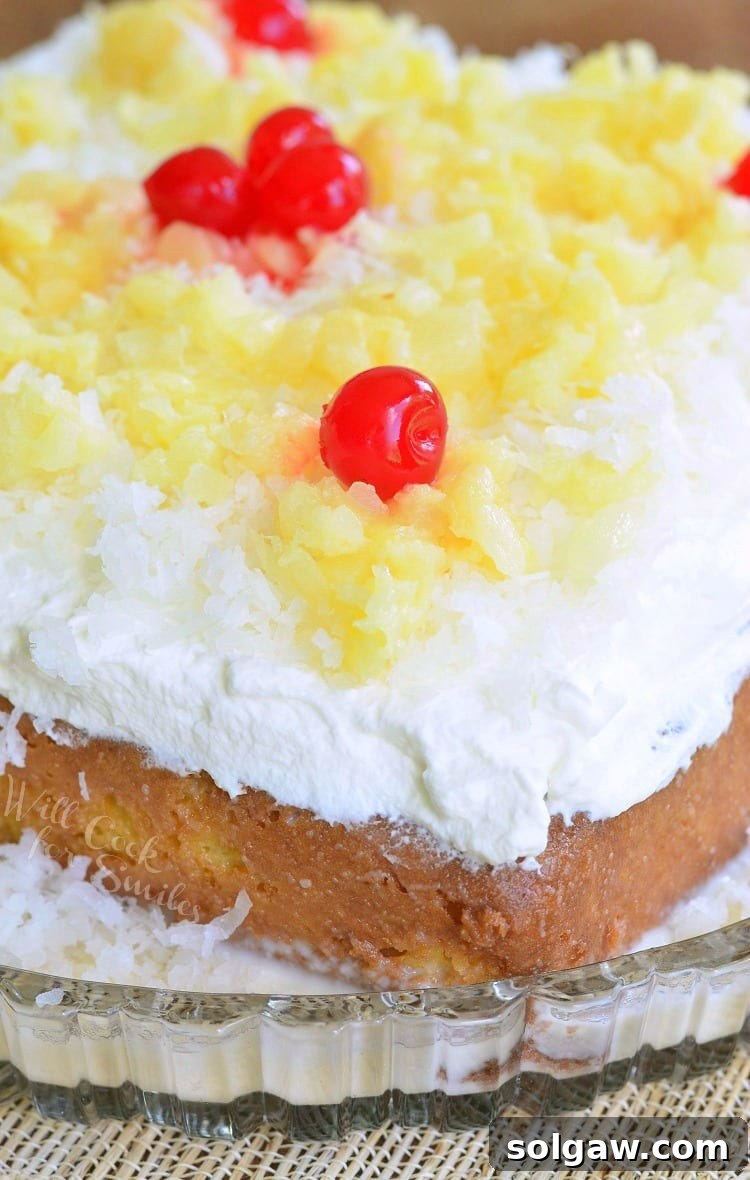 A full Pina Colada Tres Leches Cake, beautifully garnished with a swirl of white coconut frosting, juicy pineapple pieces, and vibrant cherries, ready to be served.