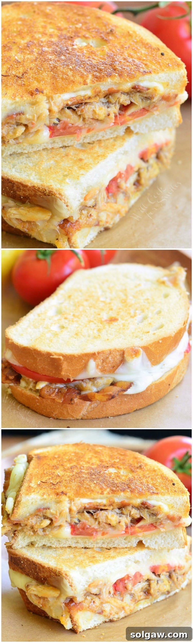 Collage of three photos: top close-up of cut grilled cheese, middle whole sandwich, bottom another cut grilled cheese