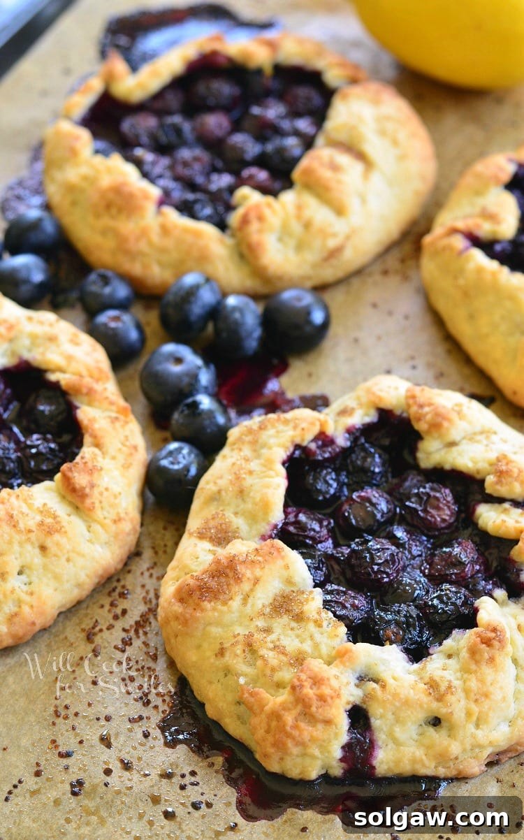 Sweet & Tart Blueberry Galette 4 Several mini Lemon Blueberry Galettes on parchment paper with fresh blueberries scattered around
