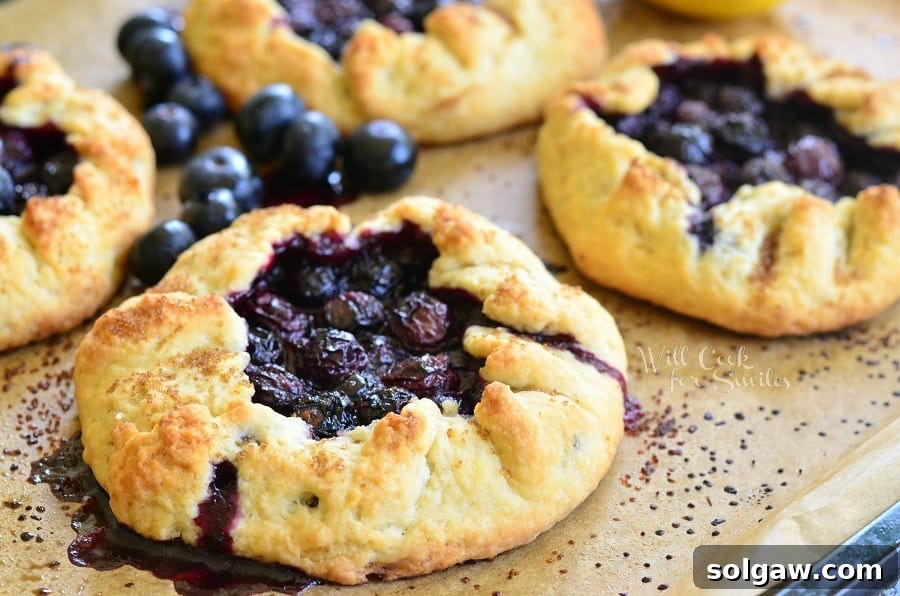 Sweet & Tart Blueberry Galette 5 Horizontal photo of mini Lemon Blueberry Galette on parchment paper with fresh blueberries