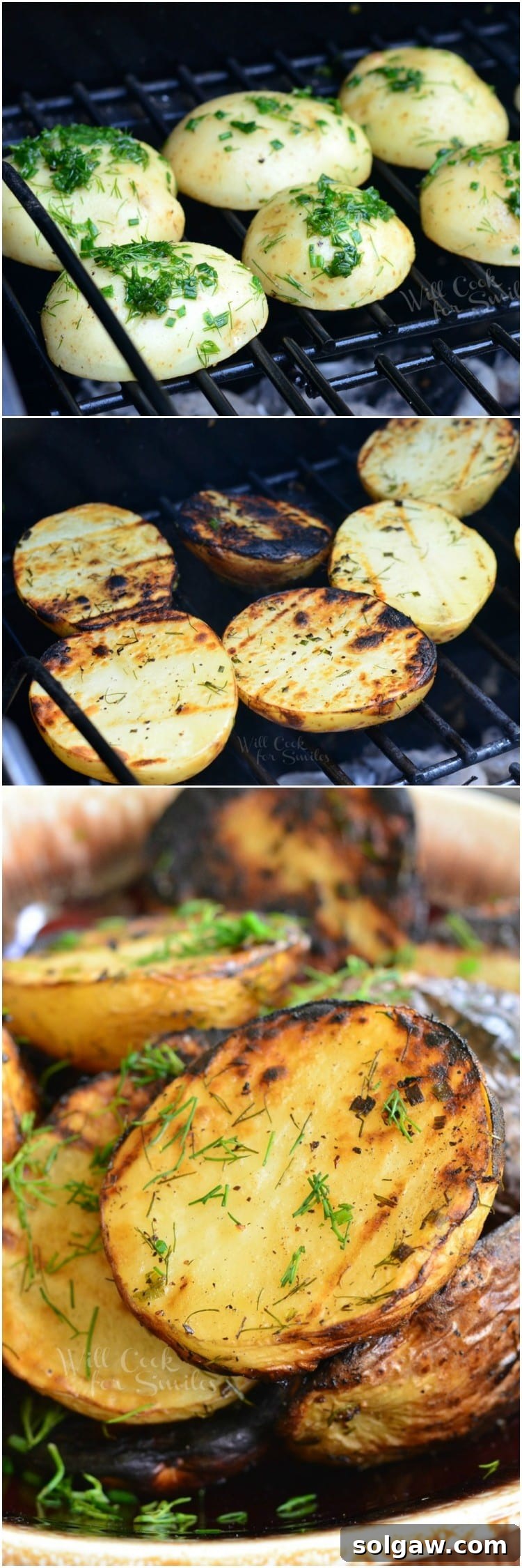 steps to make potatoes collage 1st phot potatoes cut in half cut side down on grill, 2nd photo potatoes cut side up on grill, 3rd photo potatoes in a bowl 