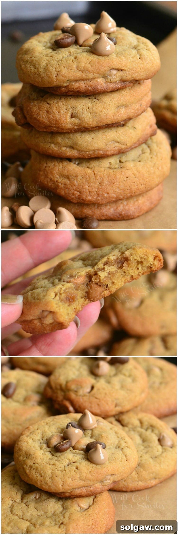Cappuccino Cookies collage Cappuccino Cookies stacked up on parchment paper with chocolate chips and cappuccino chips around it
