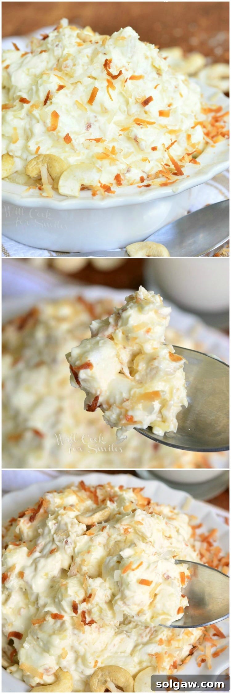 A vibrant collage featuring three distinct photos of the Fluff Salad: a full bowl of the dessert, a spoon lifting a generous portion of fluff salad, and another view of the salad in a bowl with a spoon, highlighting its creamy, appealing texture.