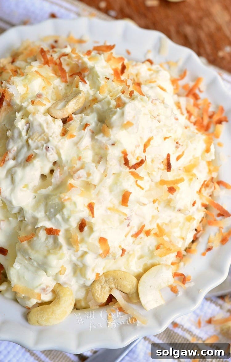 An inviting top-down shot of the Toasted Coconut Cashew Fluff Salad in a white bowl, showcasing its rich texture and tantalizing toppings, prepared for serving.