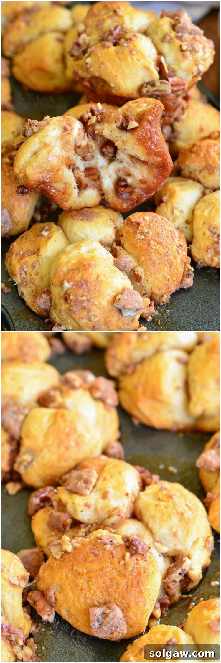 pull apart pecan muffins collage, showing different angles and textures of the baked goods