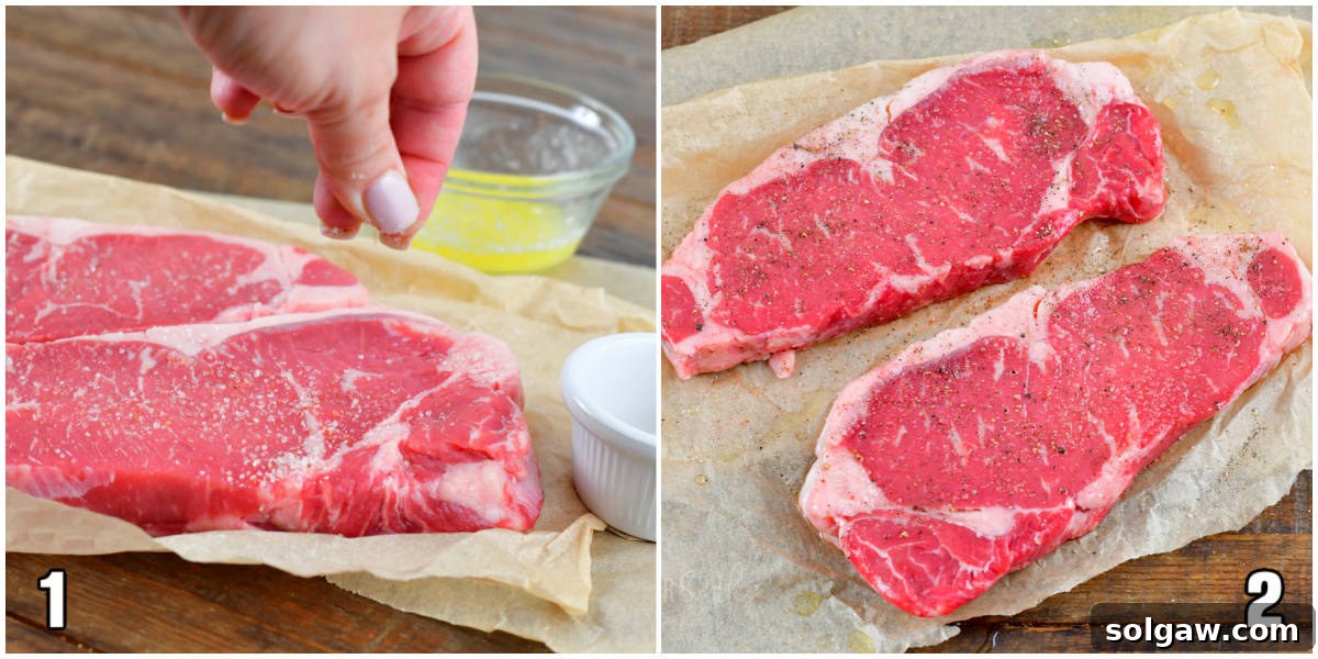 The Art of Grilling Perfect Steaks 4 Collage showing seasoning raw steaks with salt and pepper on parchment paper, ready for grilling.