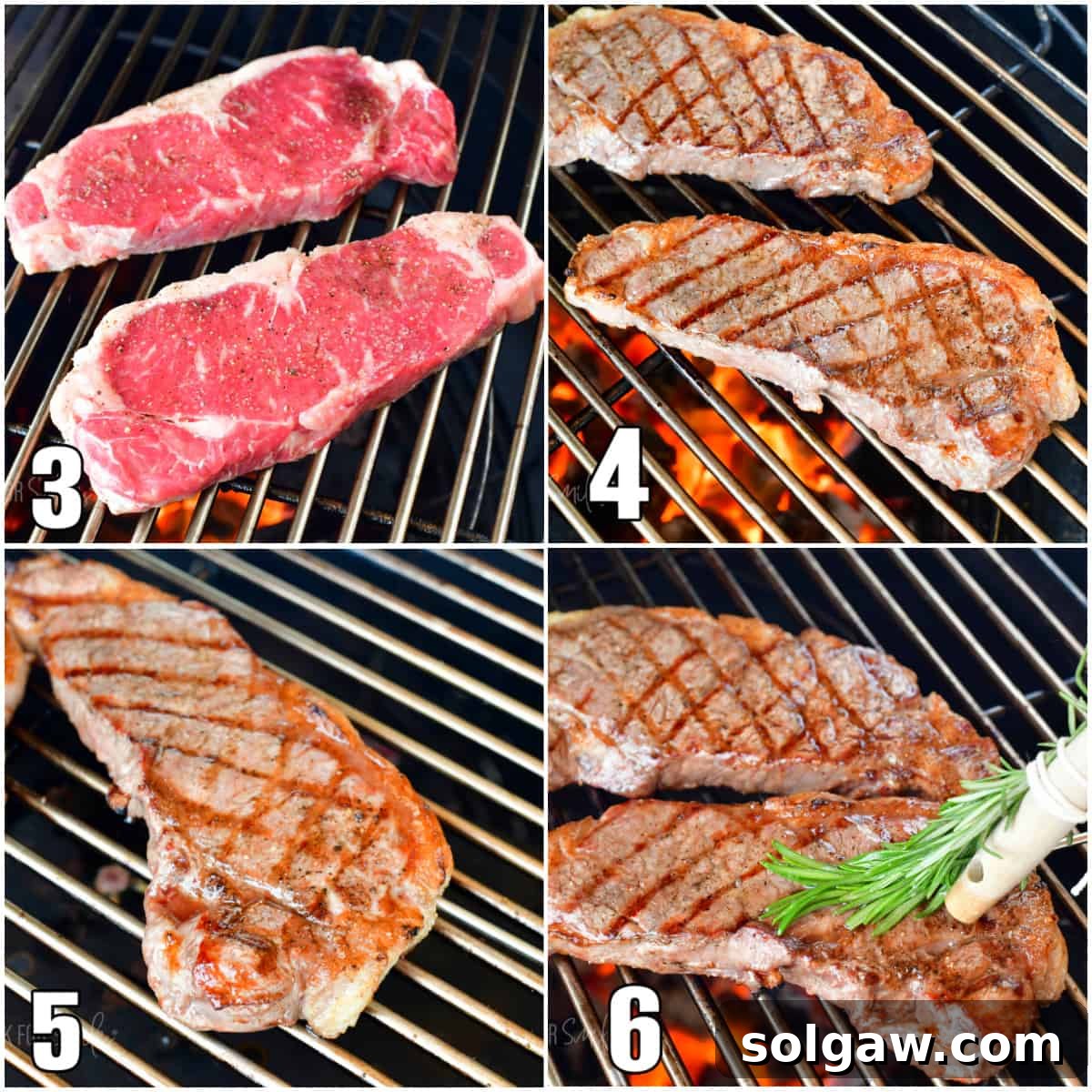 The Art of Grilling Perfect Steaks 5 Collage showing steps for grilling: raw seasoned steak, searing on grill, and brushing with rosemary butter.
