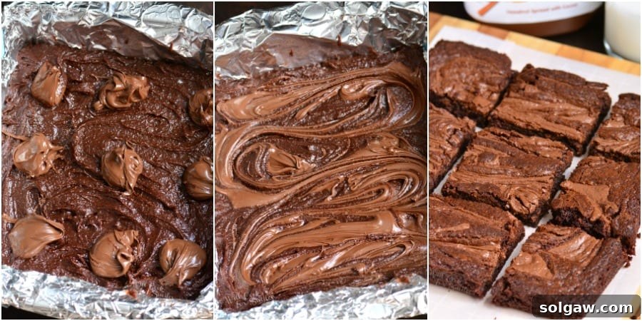 collage of Nutella brownies, showing different angles and textures.