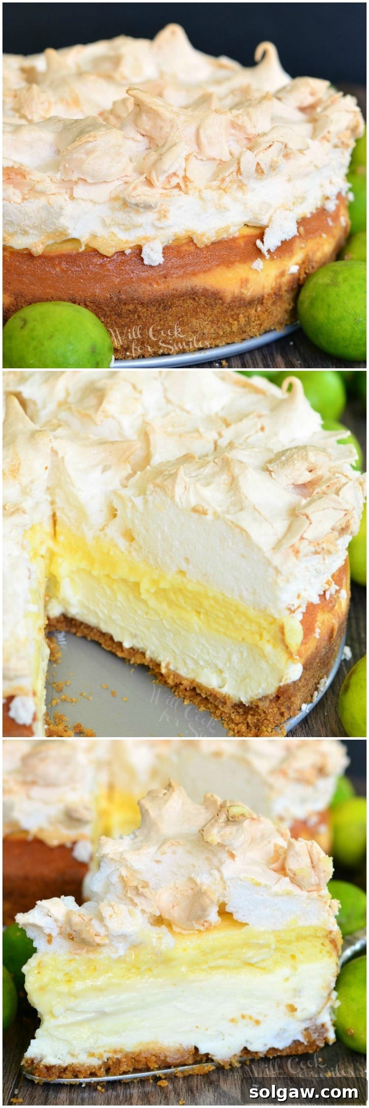 Zesty Key Lime Pie Cheesecake 8 A step-by-step collage illustrating the process of making Key Lime Pie Cheesecake, from preparing the crust to layering the cheesecake and key lime filling, and finally topping with meringue.