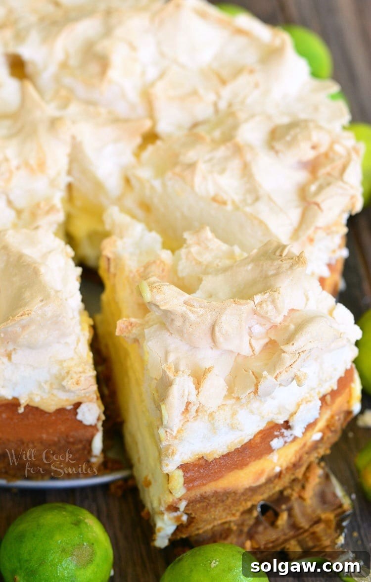Zesty Key Lime Pie Cheesecake 3 A top-down view of a freshly baked Key Lime Pie Cheesecake with a generous meringue topping. A slice has just been lifted out, revealing the distinct layers of crust, cheesecake, and key lime pie. Fresh limes are scattered around the table.
