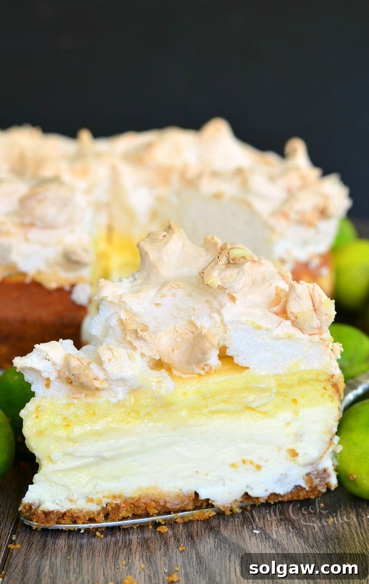 Zesty Key Lime Pie Cheesecake 5 A perfect slice of Key Lime Pie Cheesecake, showcasing its distinct layers, is delicately placed on a small plate, with fresh key limes decorating the background of a wooden table.