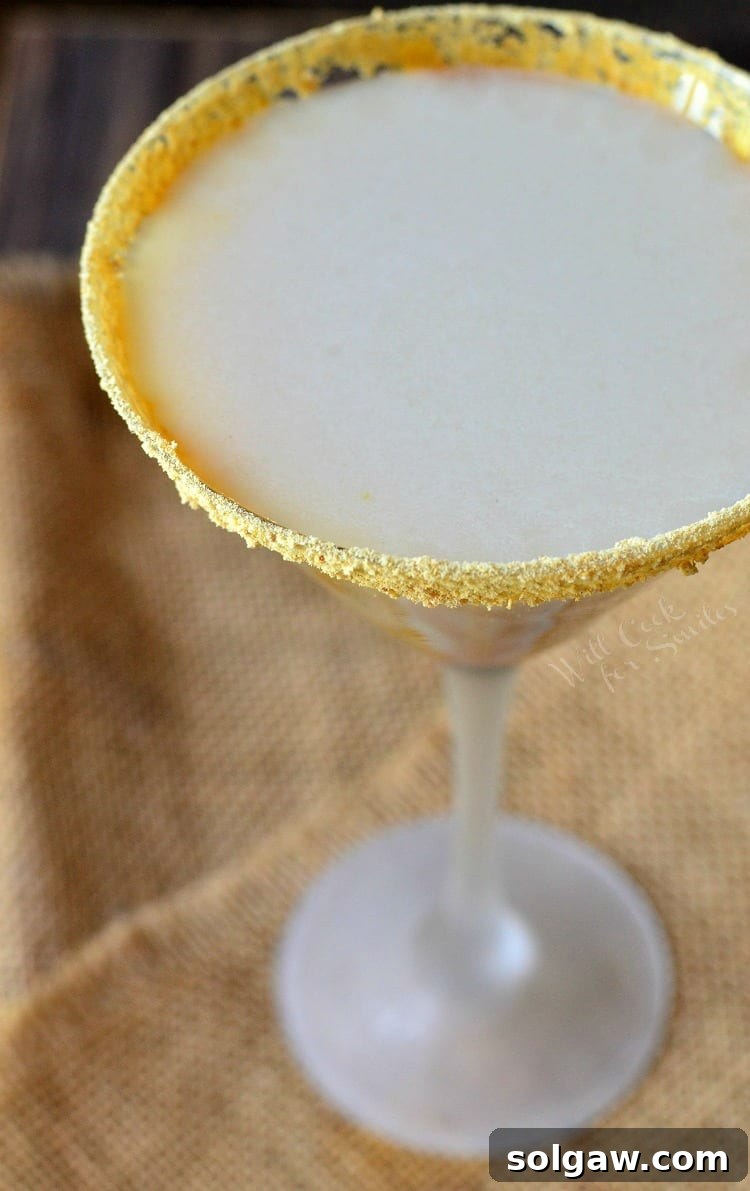 A top-down perspective of the Caramel Cake Martini, showcasing its beautiful caramel rim and the golden liquid within the martini glass, set against a rustic burlap background, emphasizing its inviting texture and presentation.