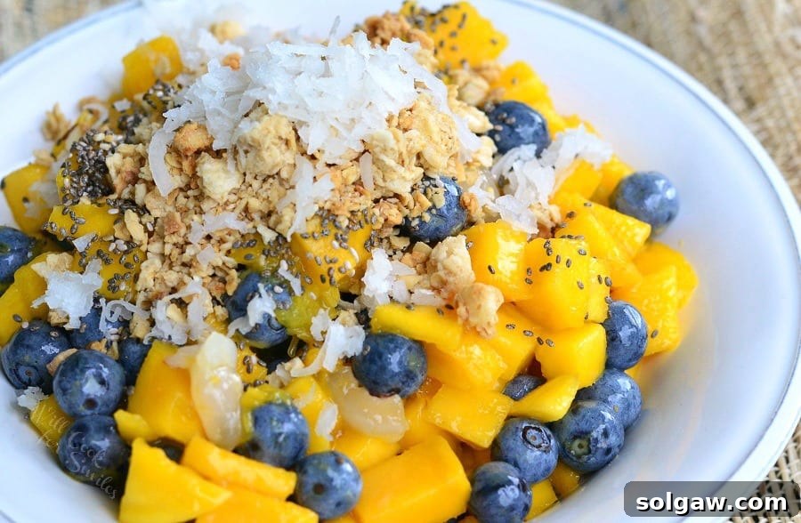An overhead shot showcasing the colorful and refreshing mango, lychee, and blueberry fruit bowl, inviting a closer look at its fresh ingredients.