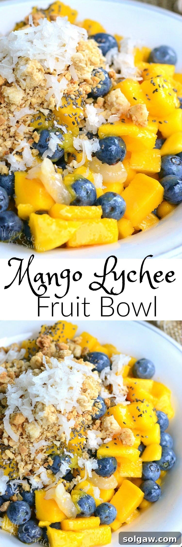 Two side-by-side images of the mango, lychee, and blueberry fruit bowl with granola and coconut flakes, showing different angles and inviting presentation.
