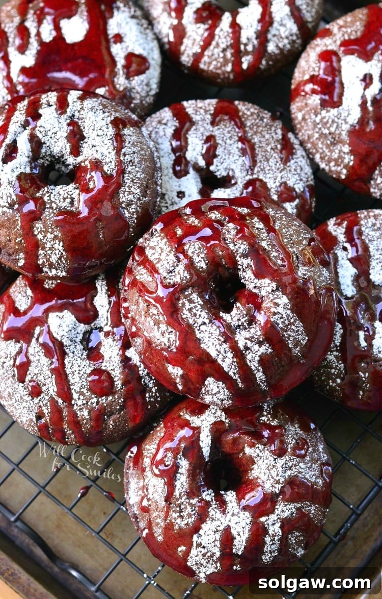 Delectable Raspberry Chocolate Doughnuts arranged on a cooling rack, adorned with a delicate dusting of powdered sugar and a vibrant raspberry sauce drizzle.