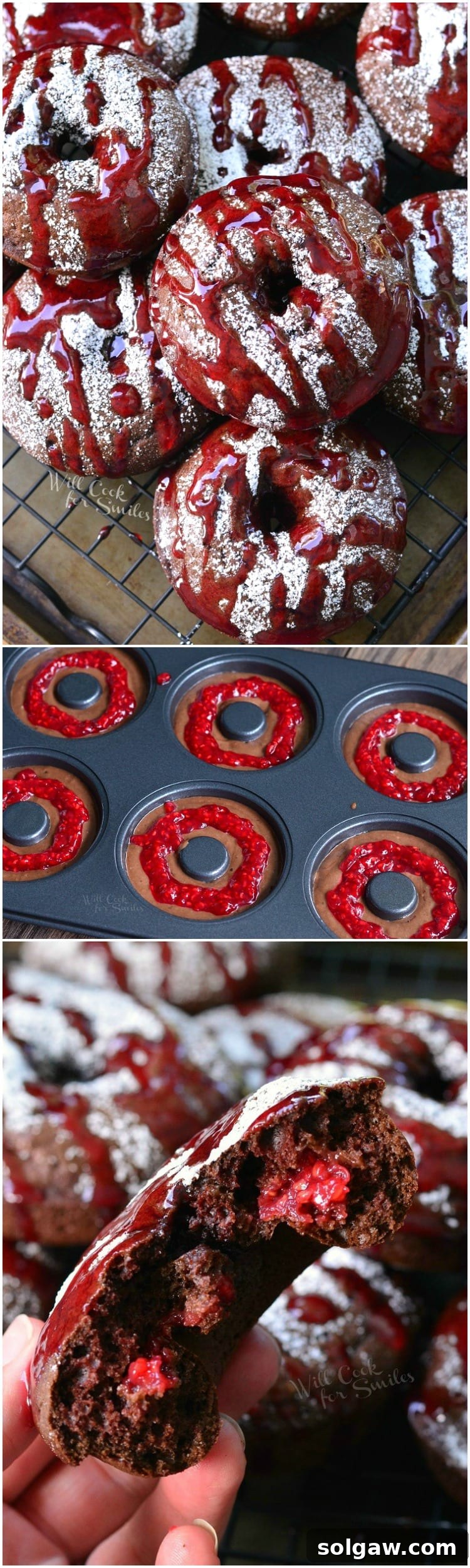 A vibrant collage showcasing Raspberry Chocolate Doughnuts on a cooling rack, featuring powdered sugar and raspberry sauce drizzled over them.