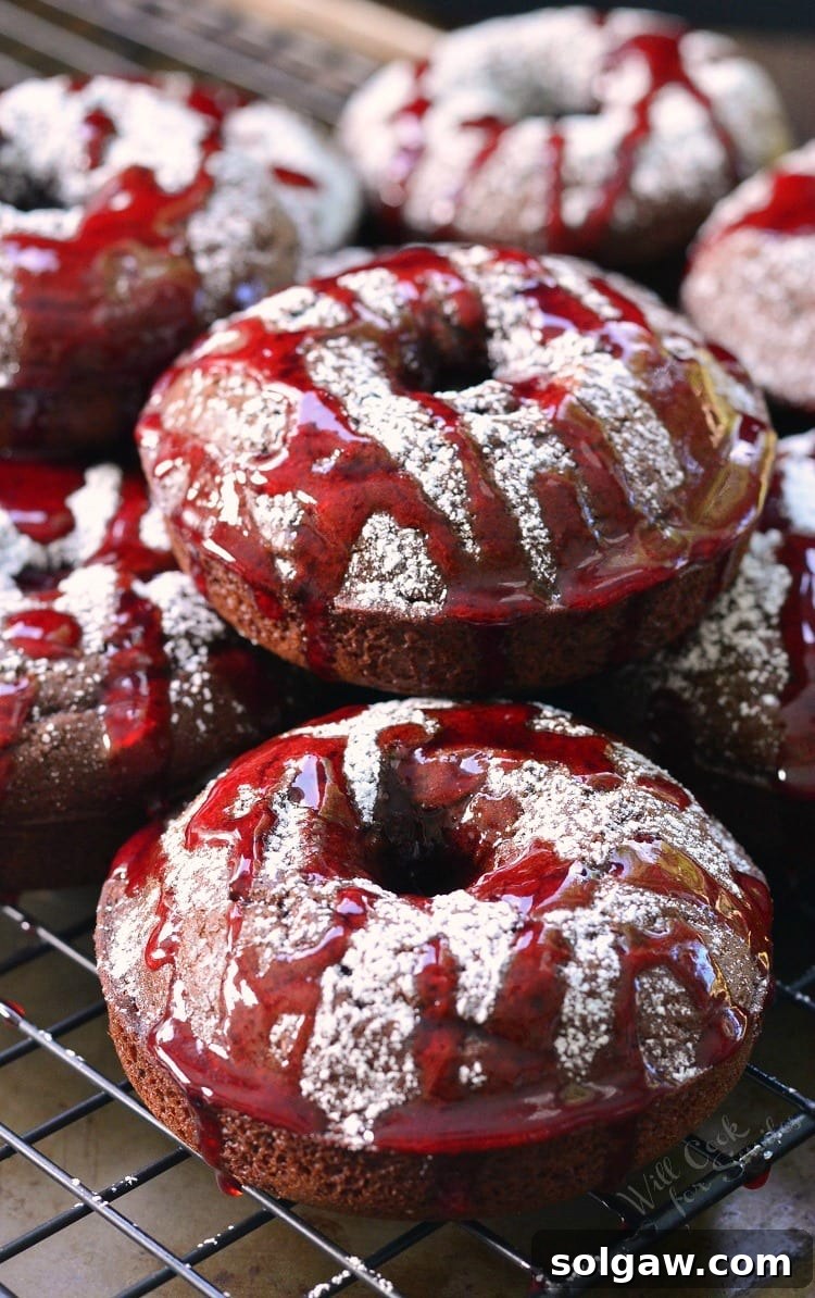 Another view of Raspberry Chocolate Doughnuts, perfectly arranged on a cooling rack, showcasing their powdered sugar dusting and elegant raspberry sauce drizzle.