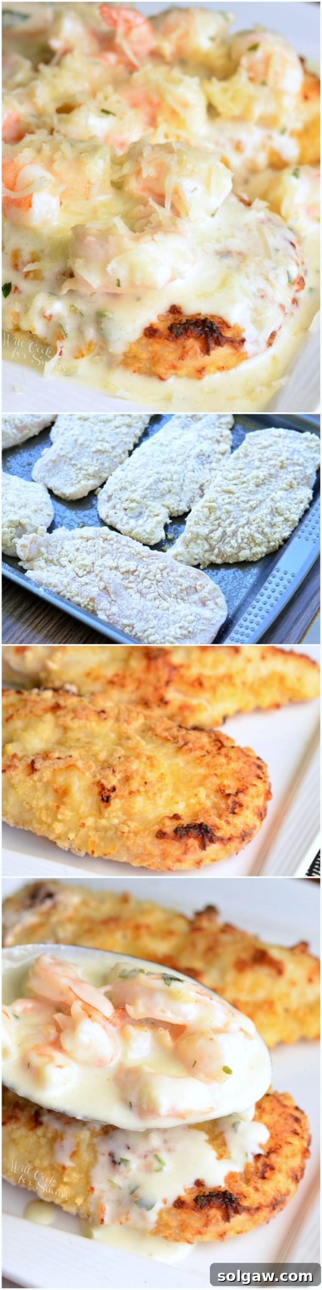 steps to making Oven Fried Chicken topped with shrimp and a Creamy Fontina cheese Shrimp Sauce 