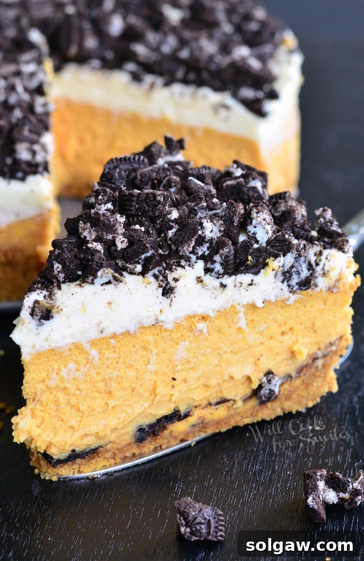Decadent Layered Oreo Pumpkin Cheesecake 2 Layered Oreo Pumpkin Cheesecake on a pie cutter