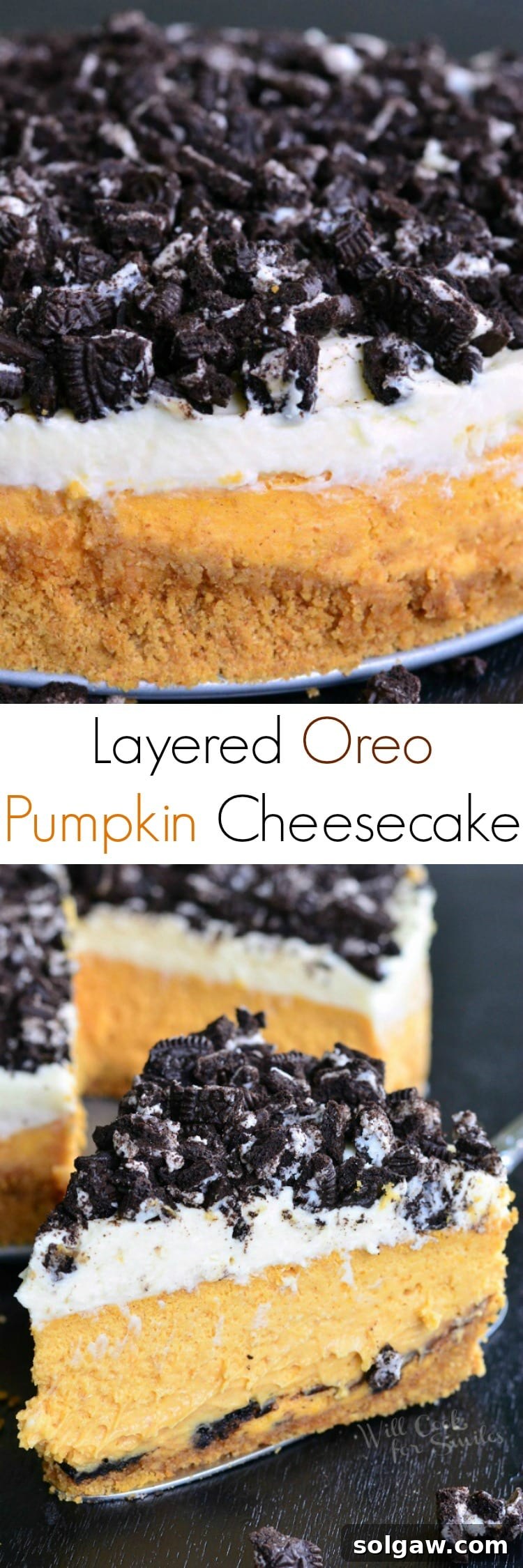 Decadent Layered Oreo Pumpkin Cheesecake 7 Collage of Layered Oreo Pumpkin Cheesecake, top photo shows whole cake, bottom photo shows a slice on a pie slicer