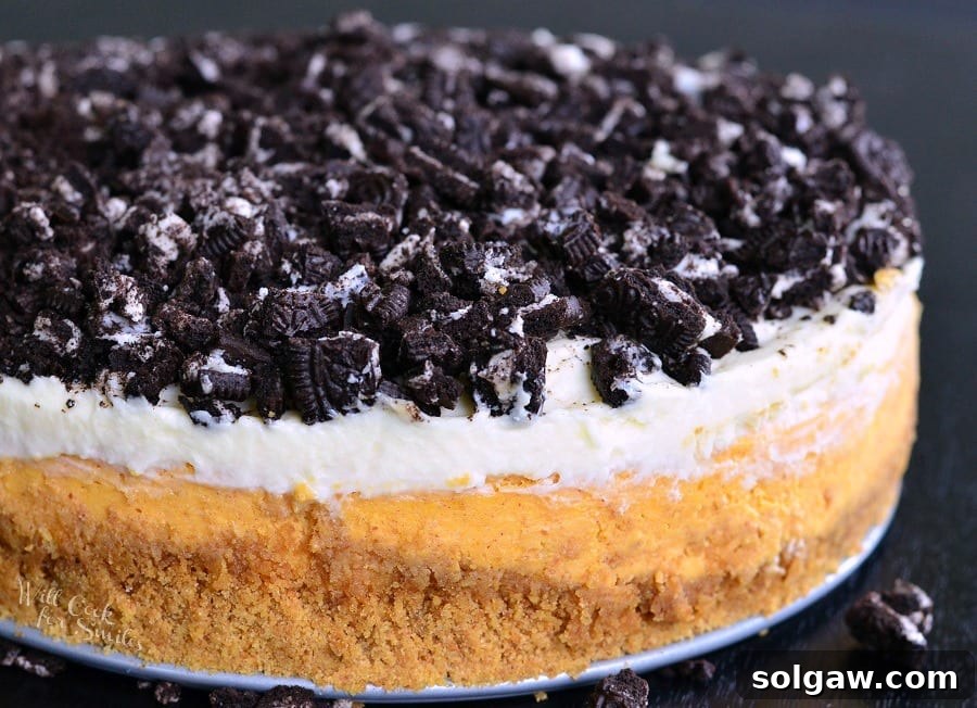 Decadent Layered Oreo Pumpkin Cheesecake 3 Layered Oreo Pumpkin Cheesecake horizontal picture with a golden hue
