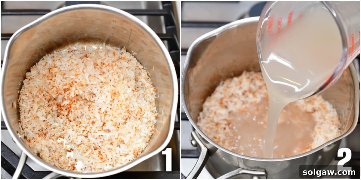Tropical Coconut Syrup 4 Collage of two images of toasting coconuts in a pan and adding cream of coconut to the pan.