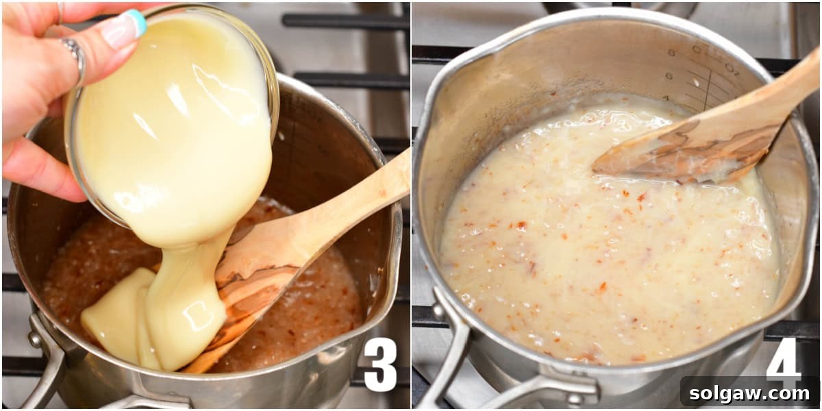 Tropical Coconut Syrup 5 Collage of two images of adding condensed milk and stirring with a wooden spoon.