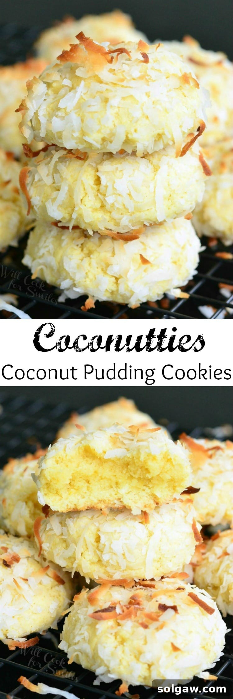 A visual collage showcasing various appetizing angles of Coconut Pudding Cookies, highlighting their rich texture and appealing golden color, perfect for dessert lovers.