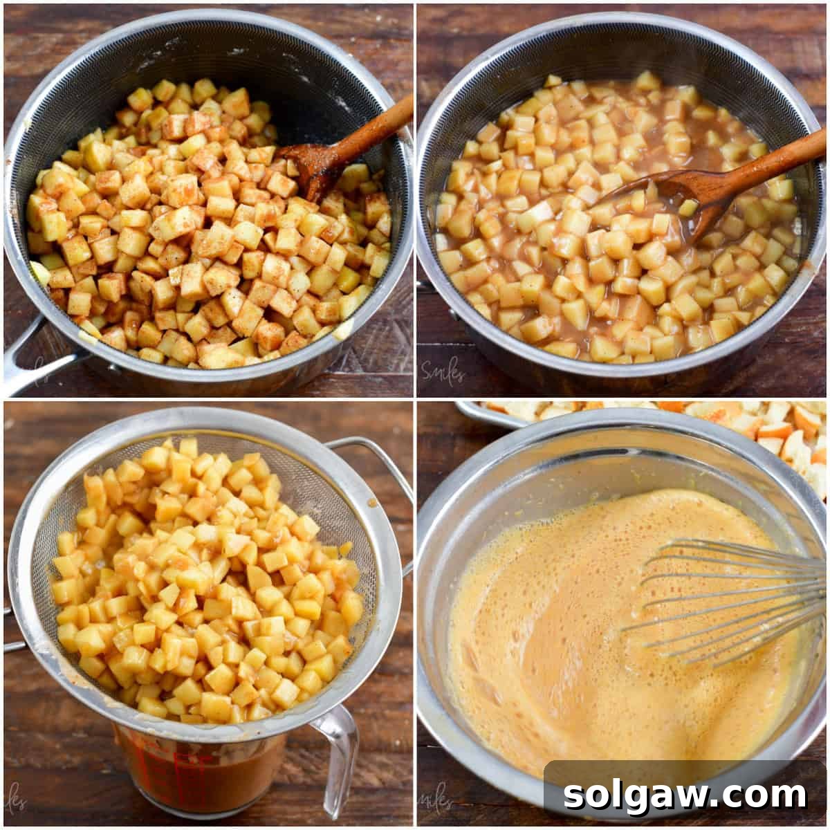 A collage of four images showing the process of cooking apple topping and whisking the egg mixture for apple pie bread pudding.