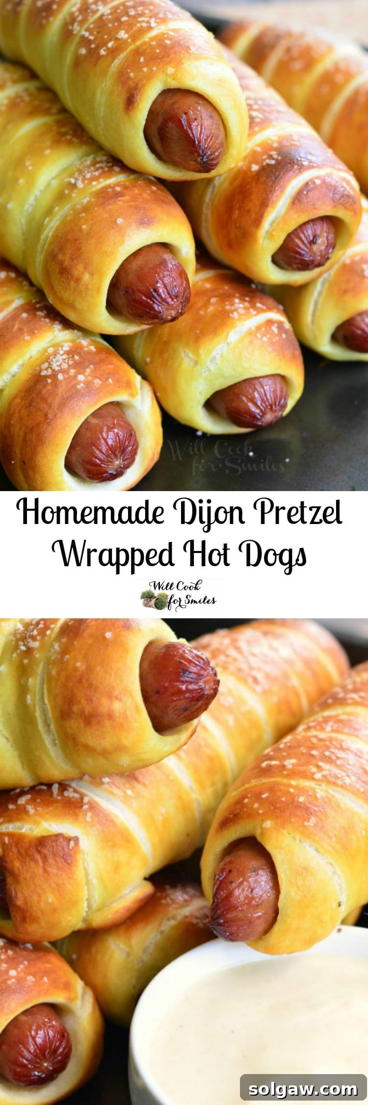 Collage showing Pretzel Wrapped Hot Dogs from various angles on a baking sheet with Maple Dijon Dipping Sauce