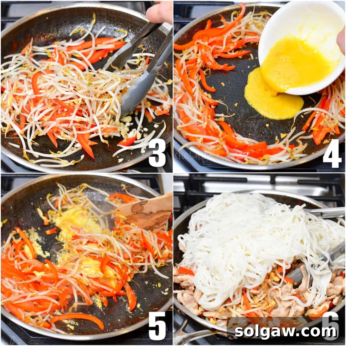 In the first photo, vegetables are being cooked in a skillet. In the second photo, eggs are being added to the center of the skillet. The third photo shows eggs being cooked with vegetables. The final photo shows noodles being added to the skillet.