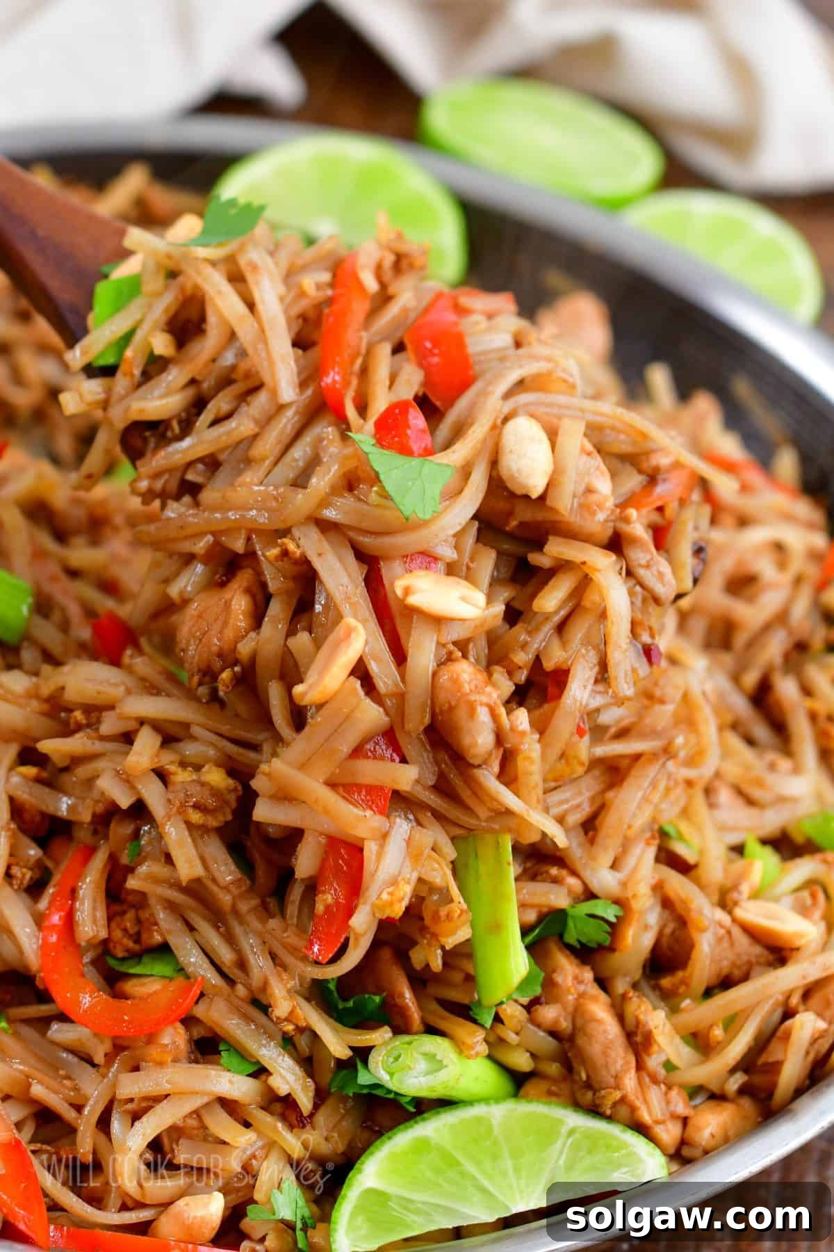 Pad Thai noodles on a spoon over the pan.