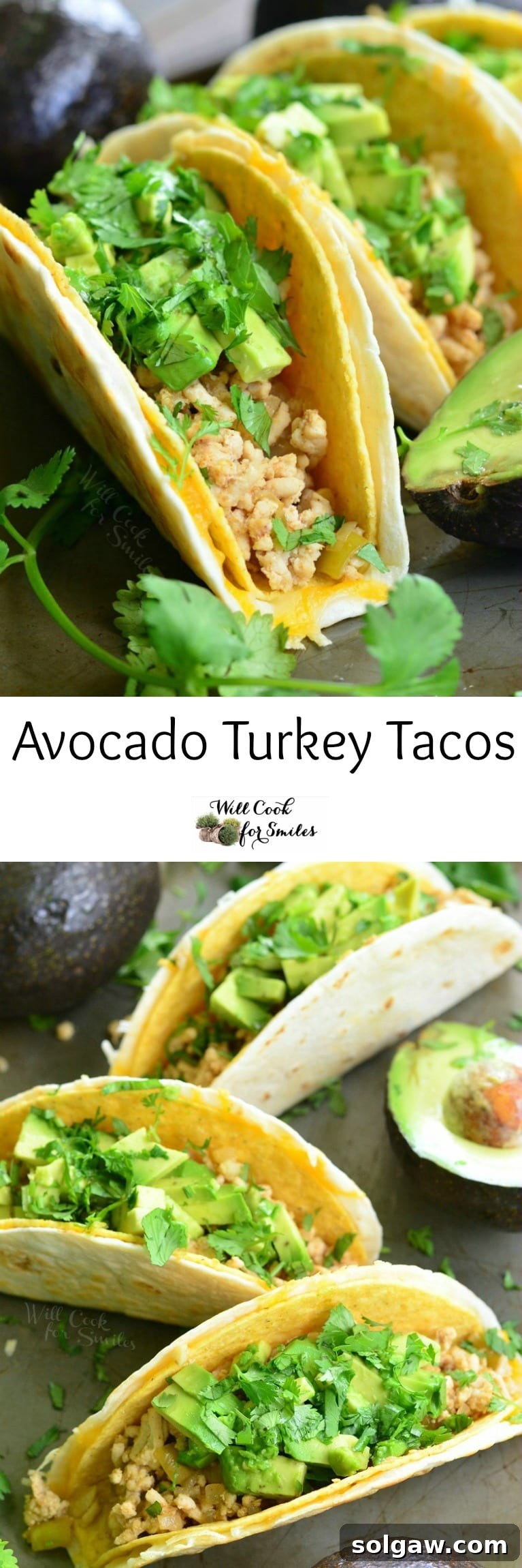 Large, appetizing image of an Avocado Turkey Taco spread, with ground turkey, fresh avocado, cilantro, and taco shells
