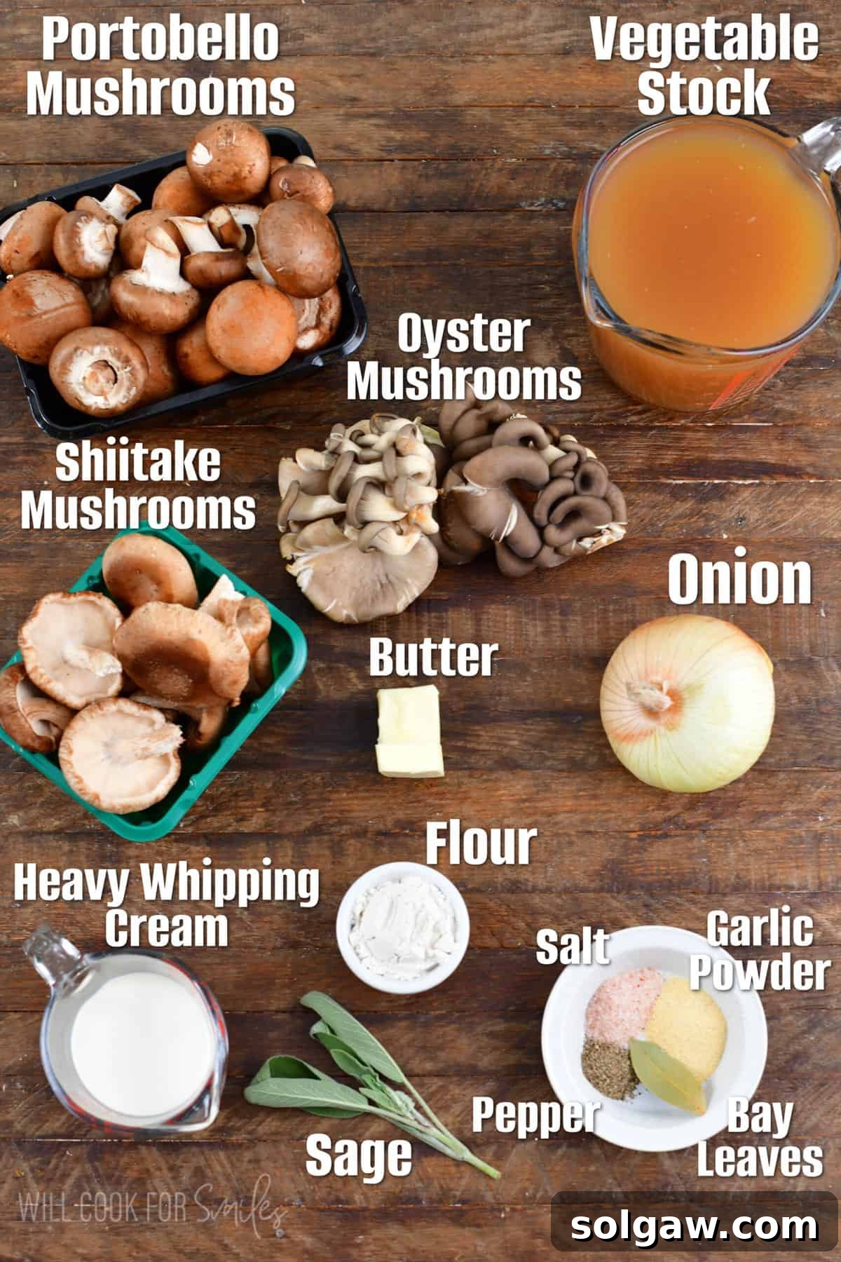 Carefully selected ingredients for the ultimate creamy mushroom soup, laid out on a rustic wooden board.