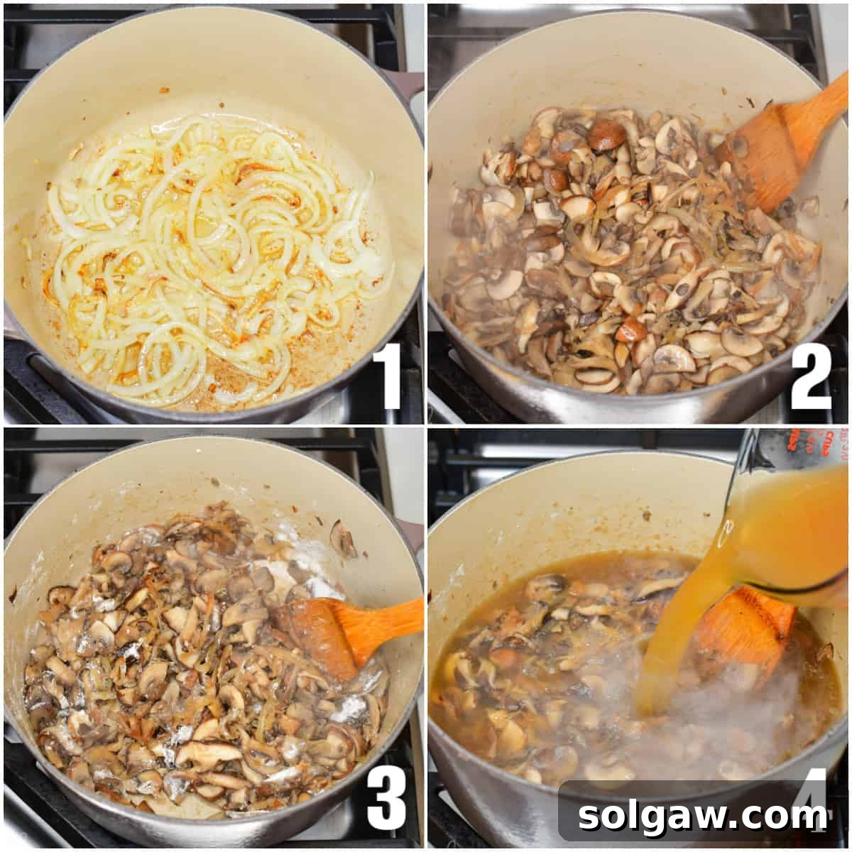 A collage of four sequential images showing the initial steps of making mushroom soup: sautéing onions, then adding and cooking mushrooms, followed by pouring in broth.
