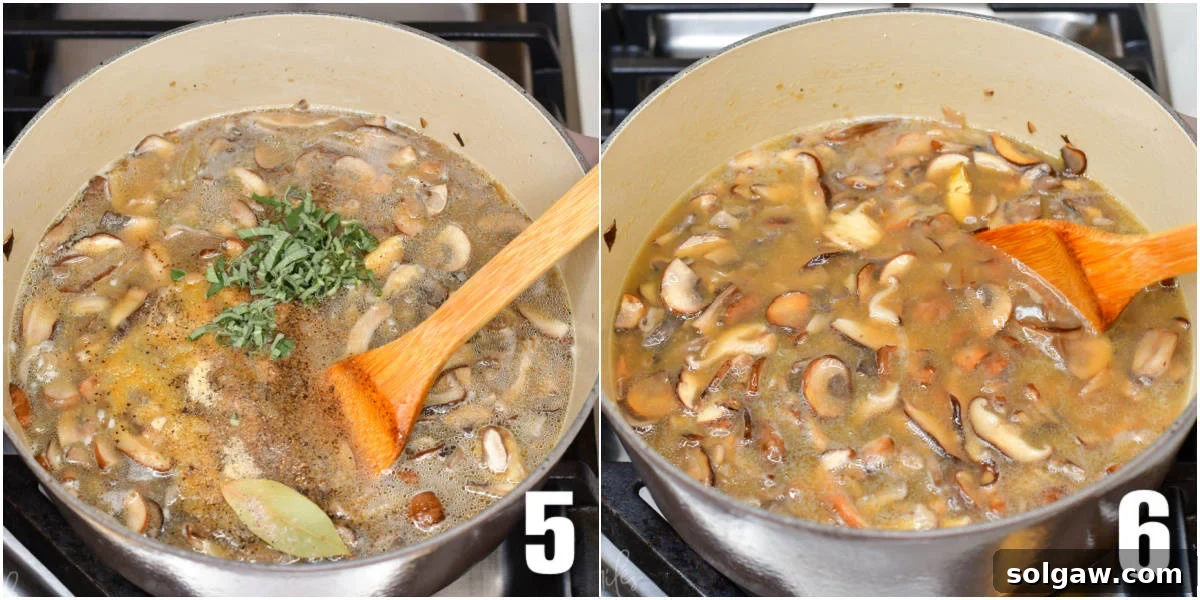 A collage of two images showing seasoning being added to mushroom soup and then stirred, illustrating the flavor infusion stage.