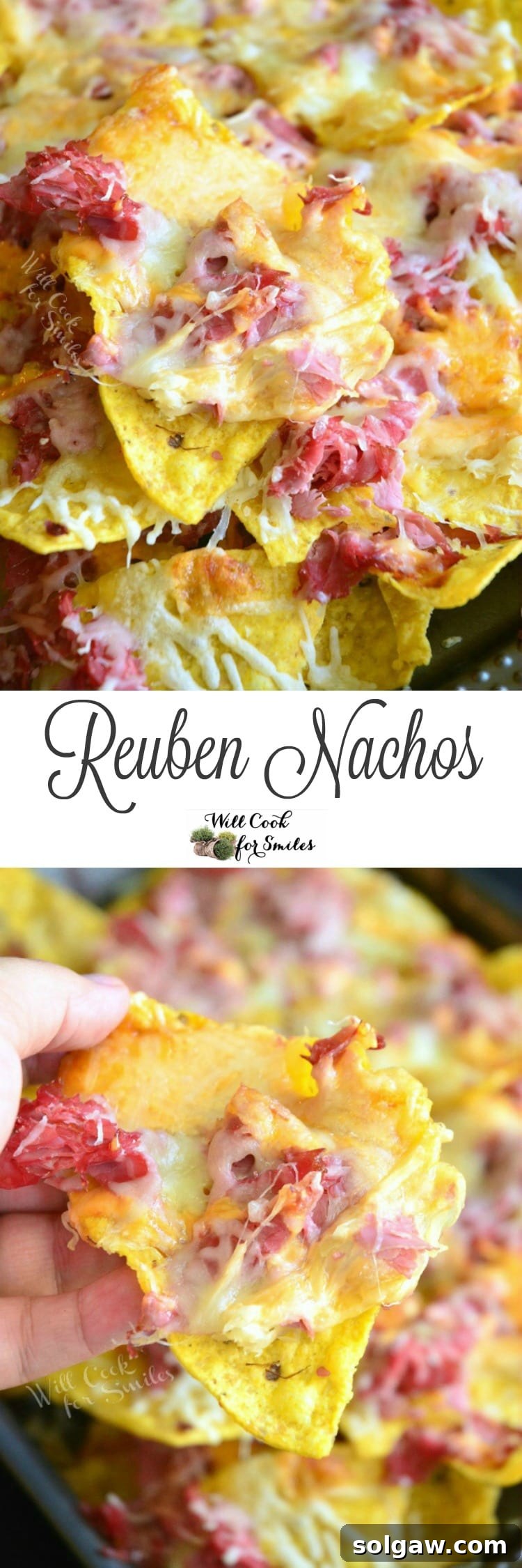 A collage featuring Reuben Nachos: top image shows chips, corned beef, and cheese on a baking sheet; bottom image shows a hand lifting a loaded nacho