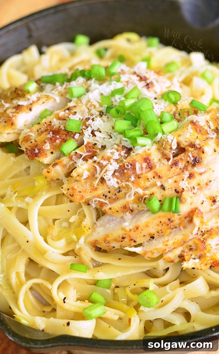 Lemon Pepper Chicken Fettuccine in a cast iron pan