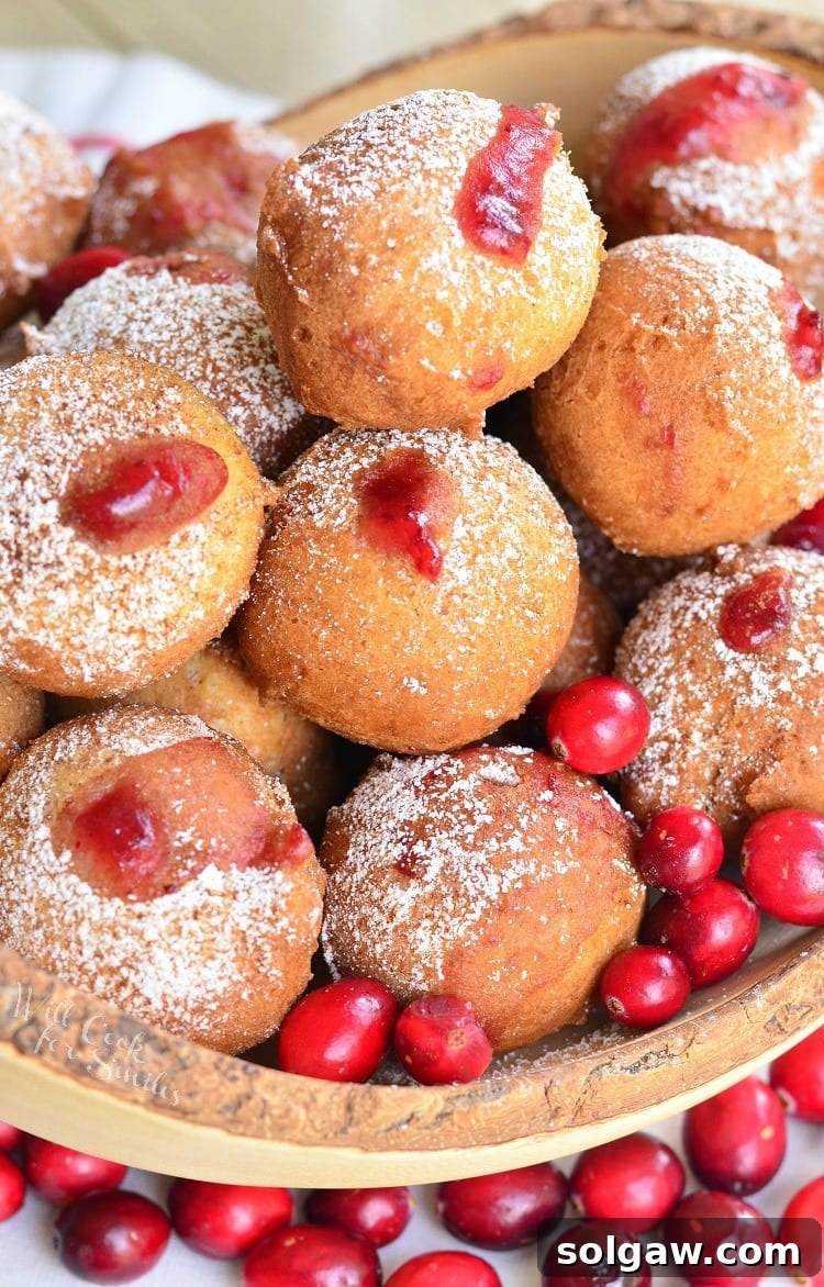 top view of Cranberry Sauce Doughnut Holes in a bowl