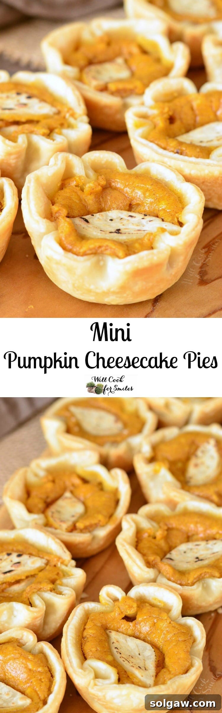 Fall Spiced Pumpkin Cheesecake Bites 9 Collage of top photo Mini Pumpkin Cheesecake Pies bottom photo mini pumpkin cheesecake pies on a cutting board