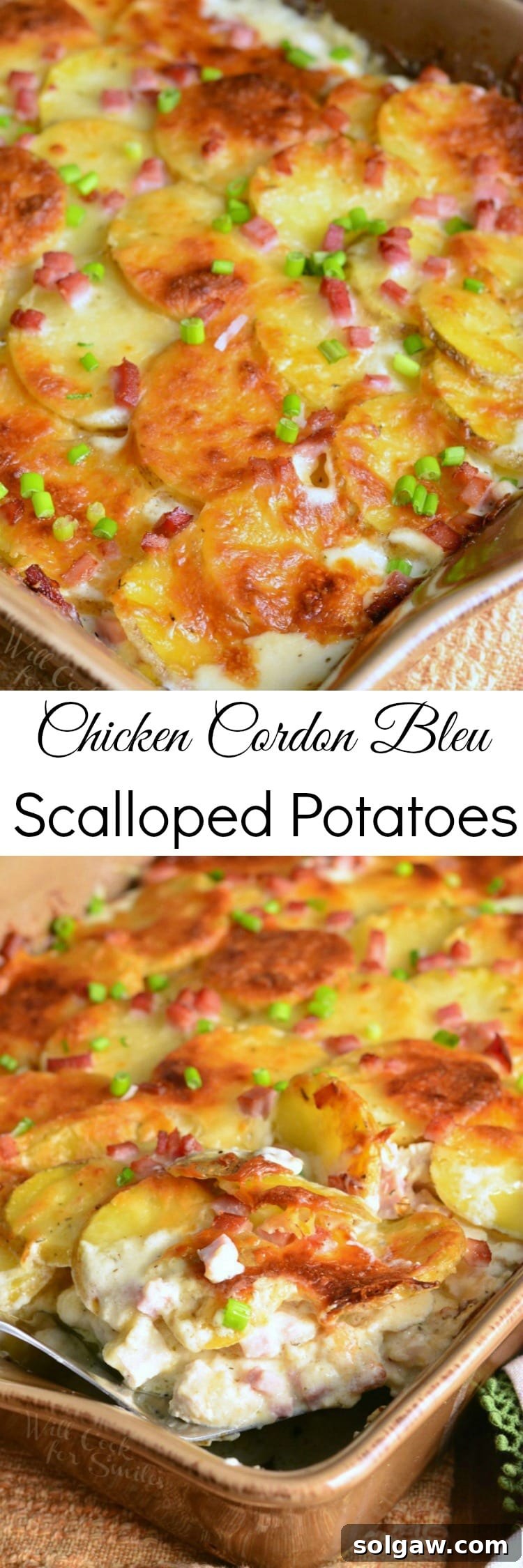 Chicken Cordon Bleu Scalloped Potatoes in a brown casserole dish collage, showcasing multiple angles