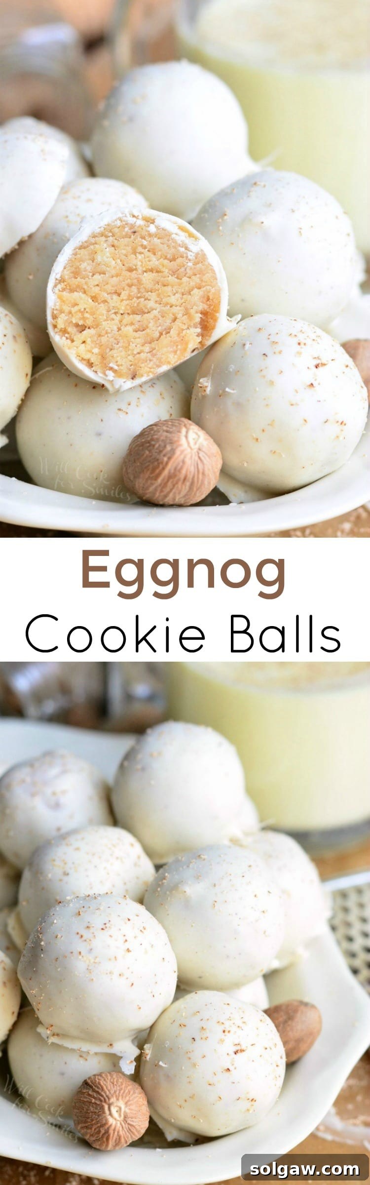 Eggnog Cookie Balls in a white bowl collage