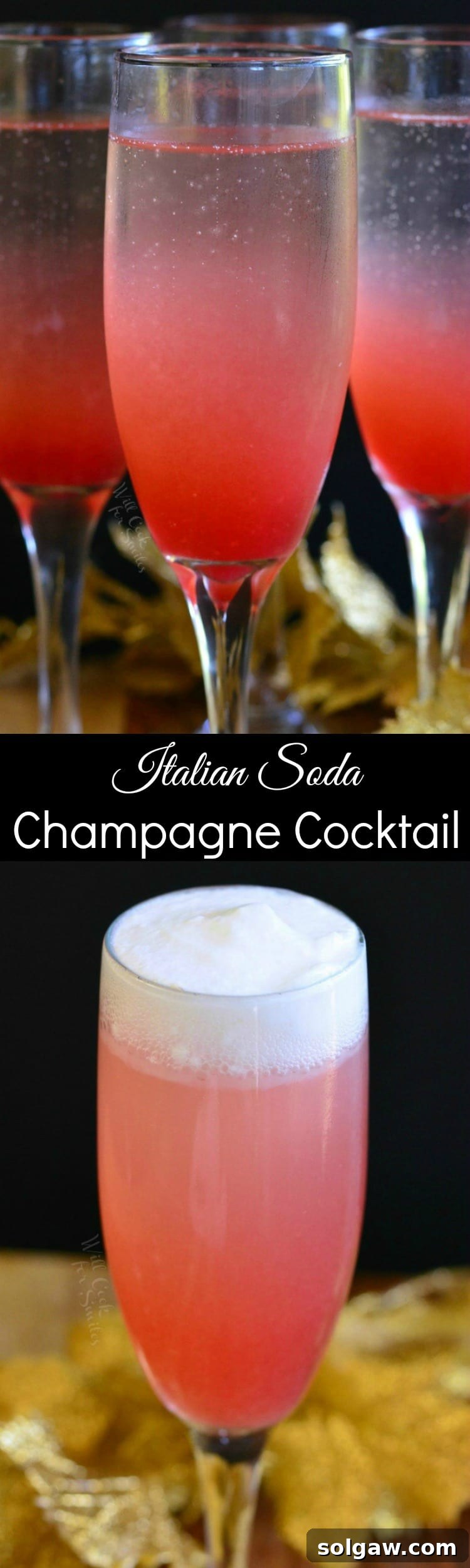 Raspberry Italian Champagne Spritz 10 A collage of Raspberry Italian Soda Champagne Cocktail images, featuring a top view and a close-up.